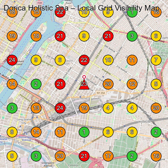 Dorica Holistic Spa Facial Spa GeoGrid ranking map for Long Island City NY